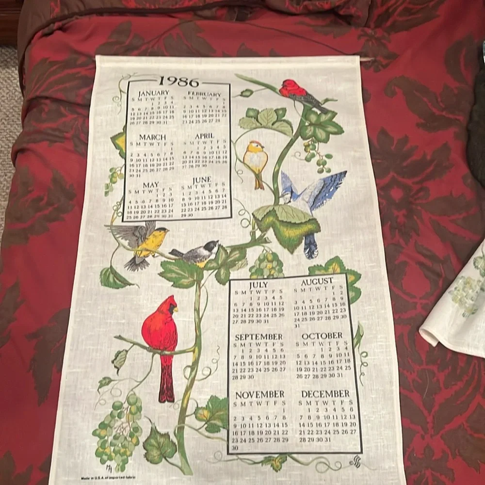 Vintage antique 1986 cloth calendar kitchen ready to hang EUC cardinals